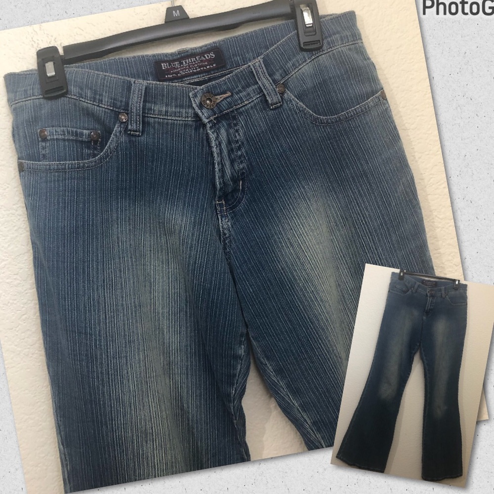 BLUE THREADS 3 (runs big) Textured Jeans Tiny Stripes Flare Wide Leg